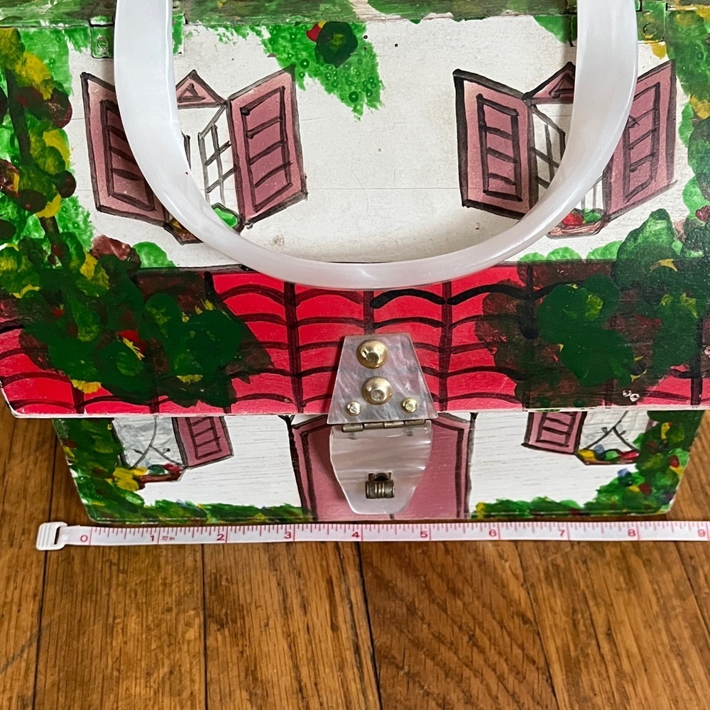 RARE Vintage Hand-Painted Wood Satchel Purse Handbag with House Design - Picture 11 of 15